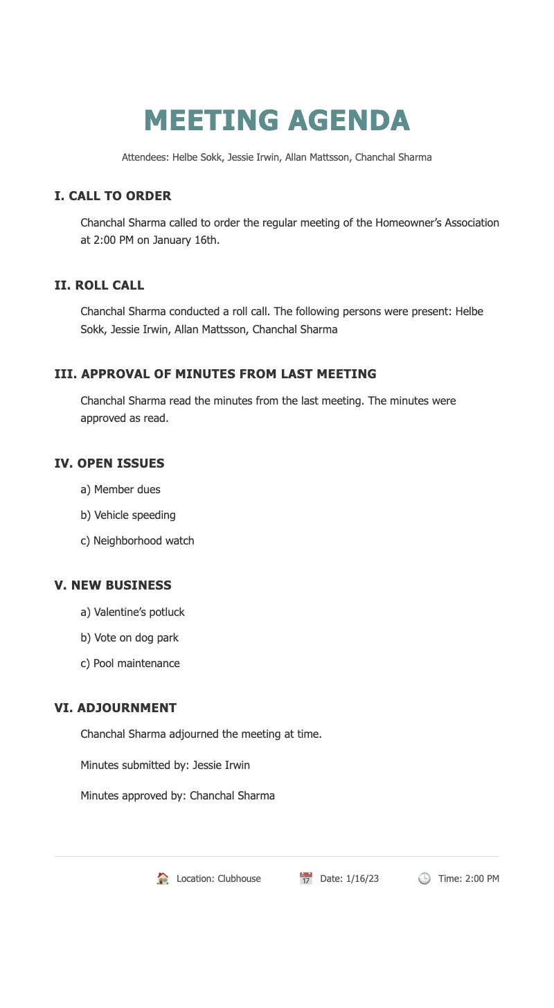 Double stripe agenda - Clean, structured agenda for HOA or board meetings with clear sections and attendee details for organized discussions.